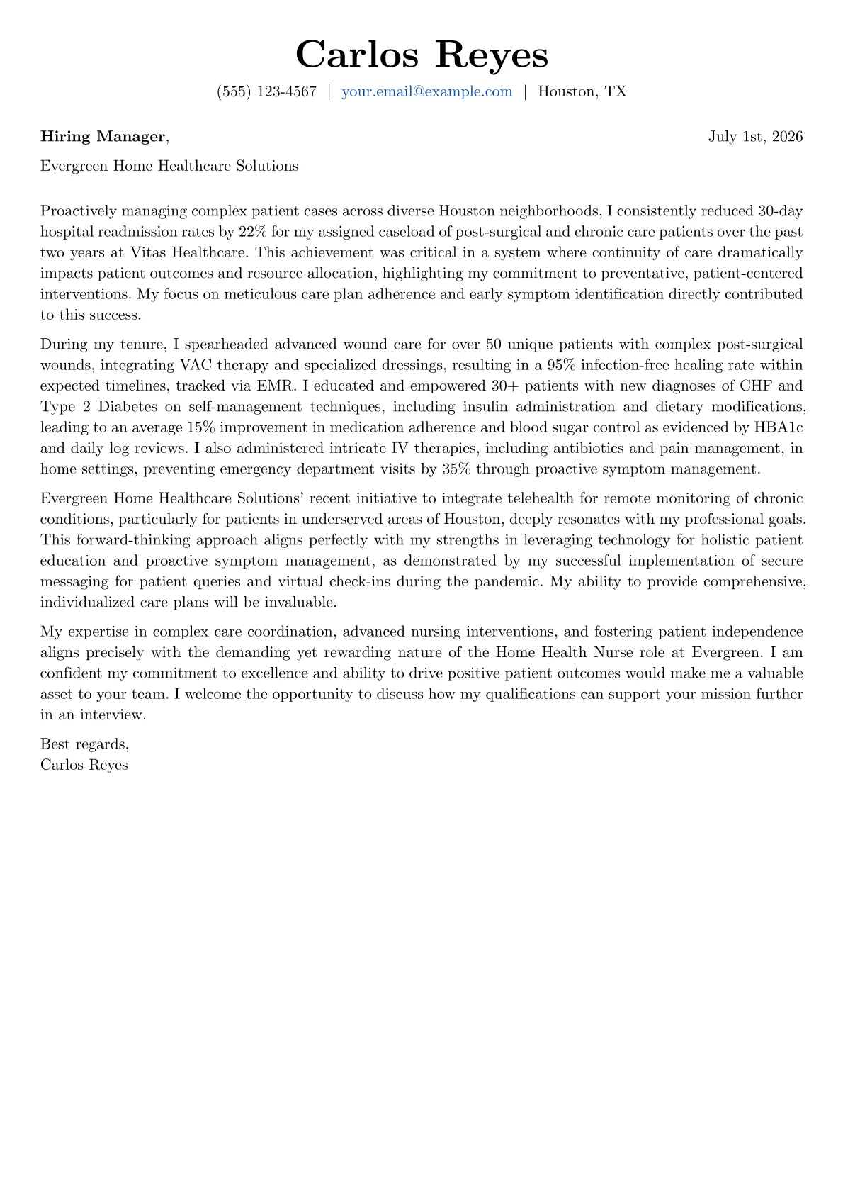 Home Health Nurse cover letter formatted with a JobSprout template