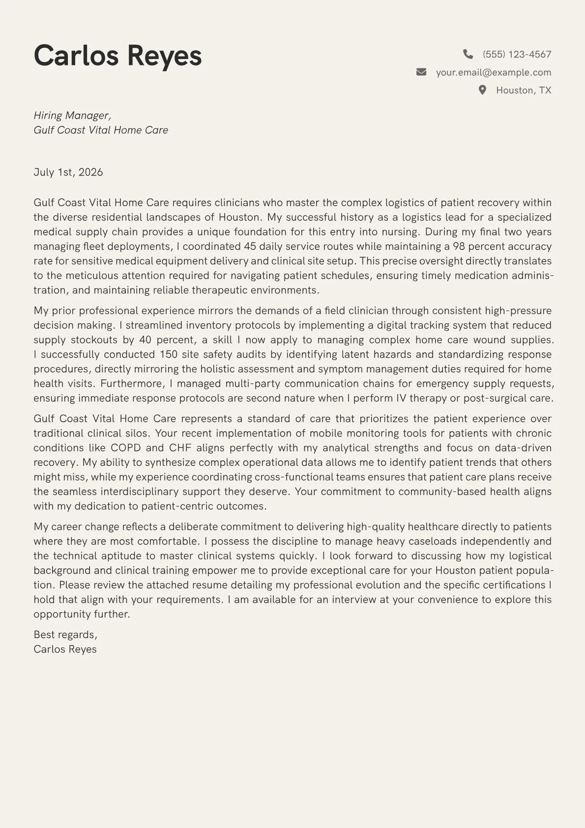 Home Health Nurse cover letter in the Creative design