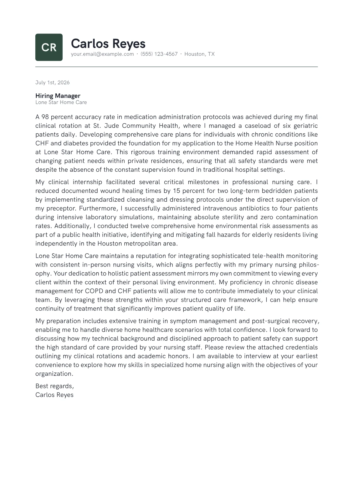 Home Health Nurse cover letter in the Emblem design