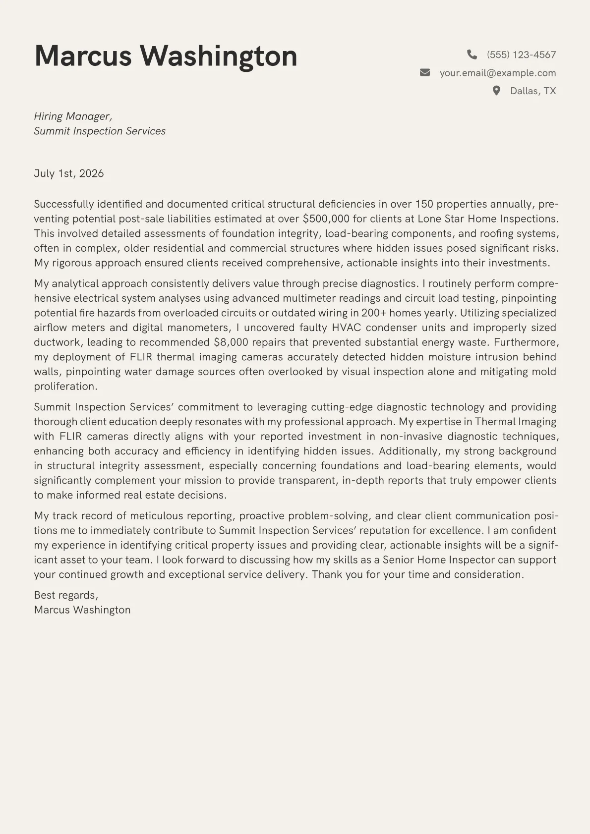 Home Inspector cover letter formatted with a JobSprout template