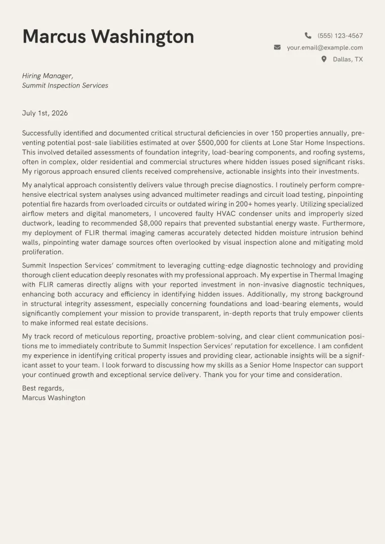 Home Inspector cover letter example preview