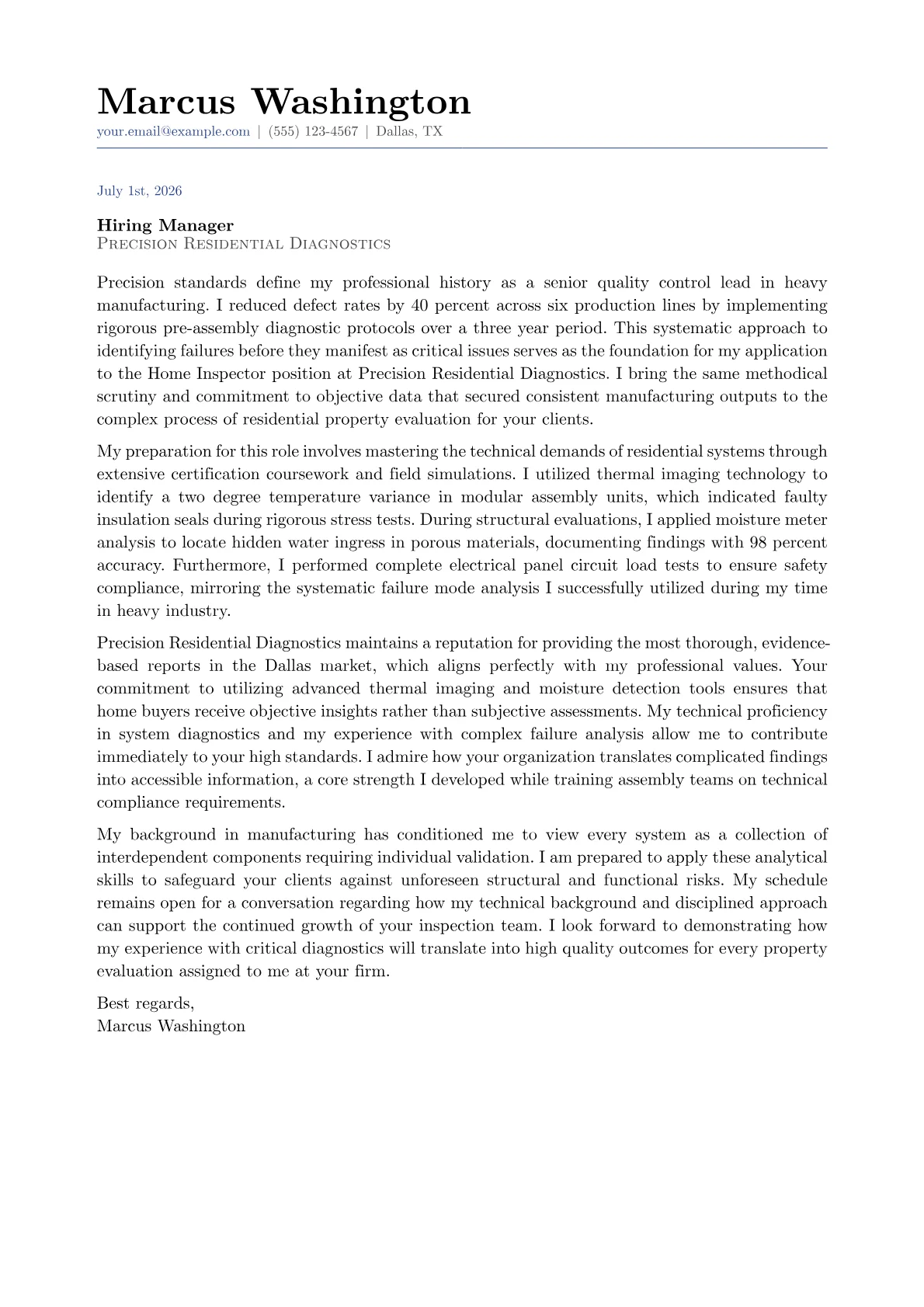 Home Inspector cover letter in the Classic design
