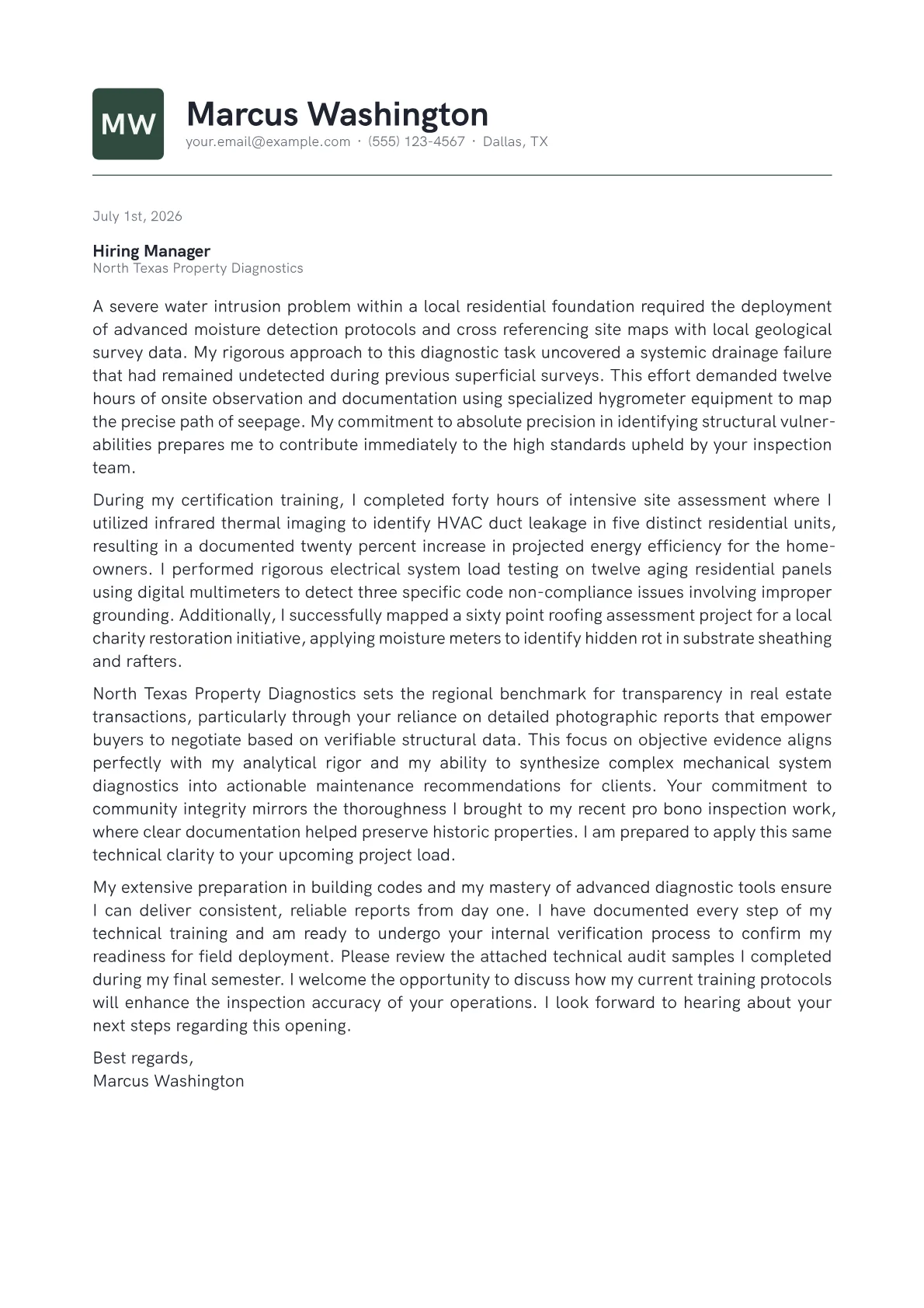 Home Inspector cover letter in the Emblem design