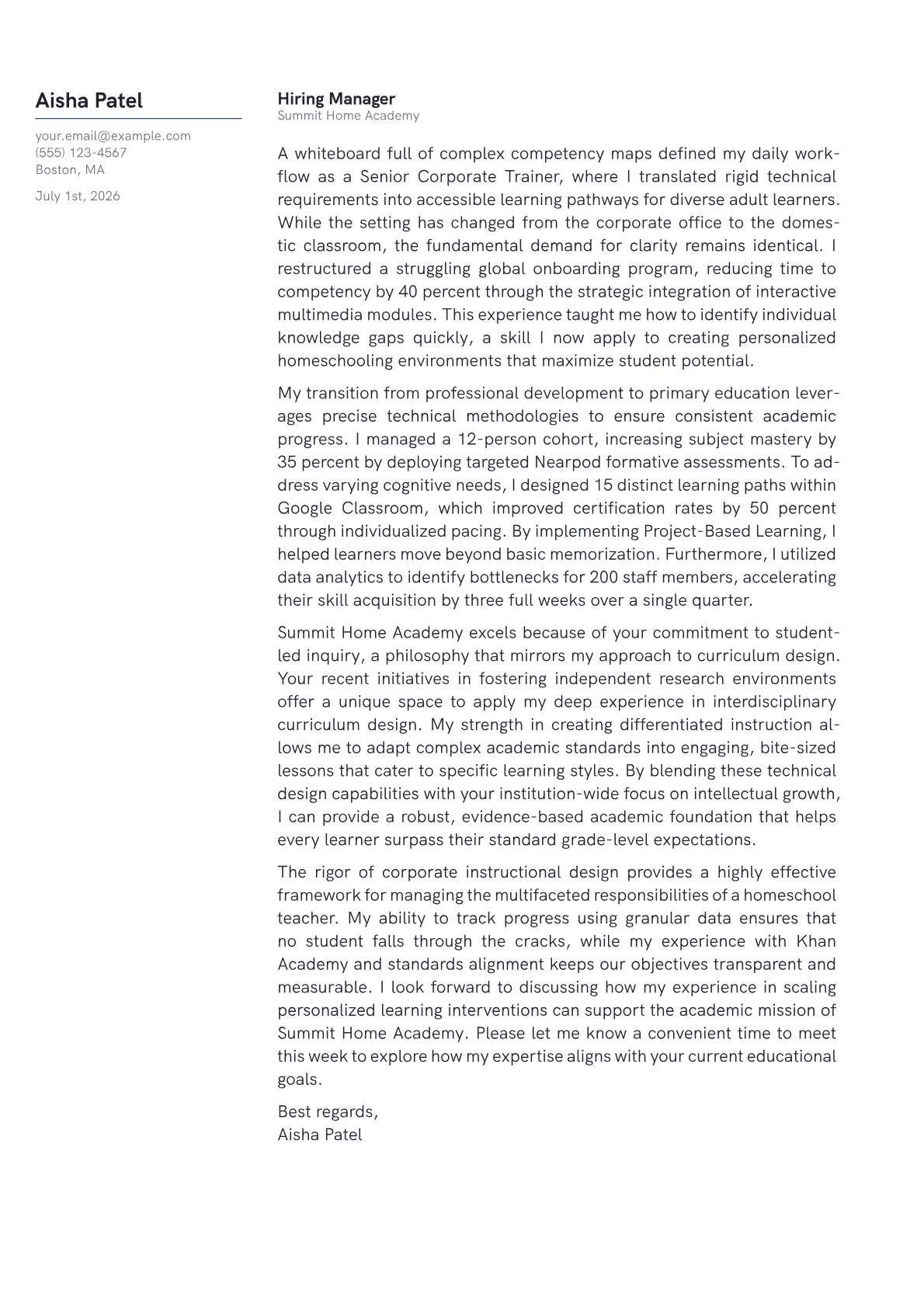 Homeschool Teacher cover letter in the Margin design