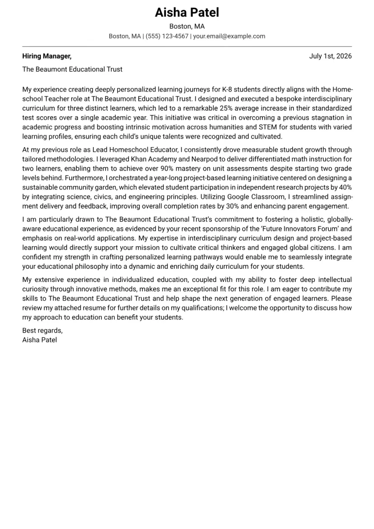 Homeschool Teacher cover letter example preview