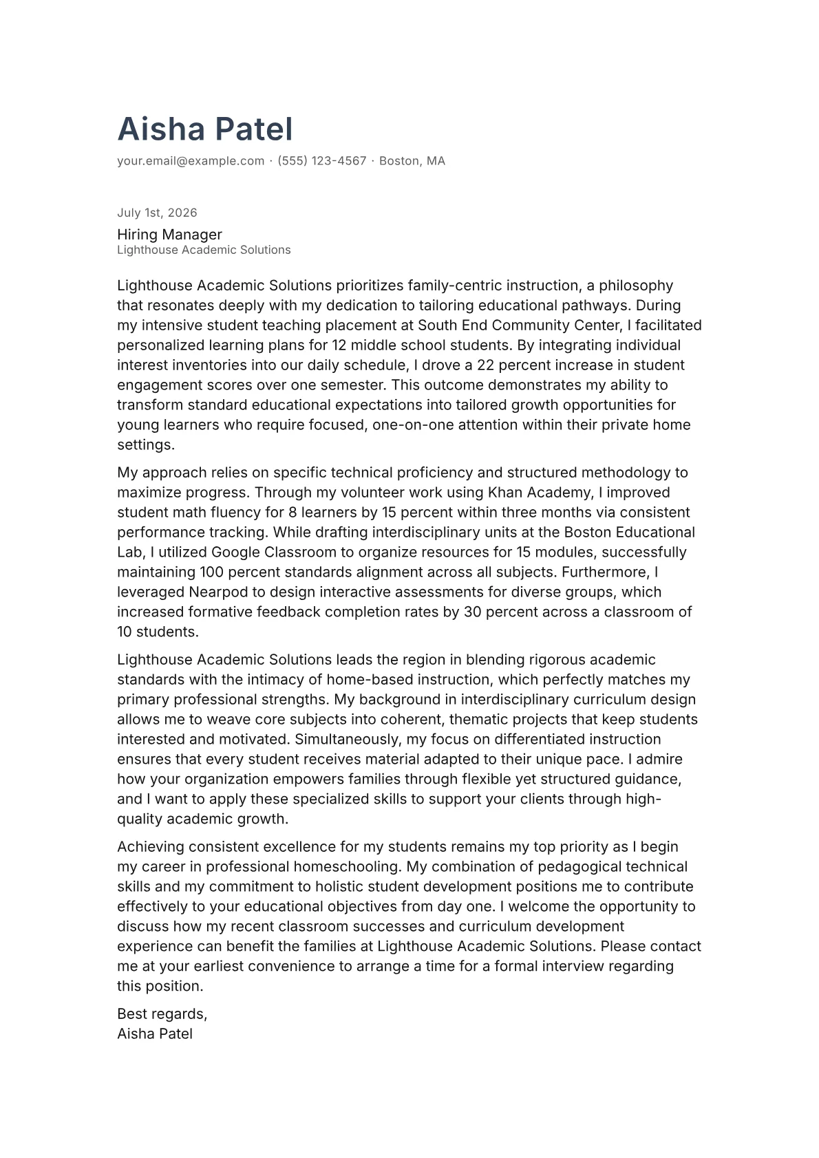 Homeschool Teacher cover letter in the Minimal design