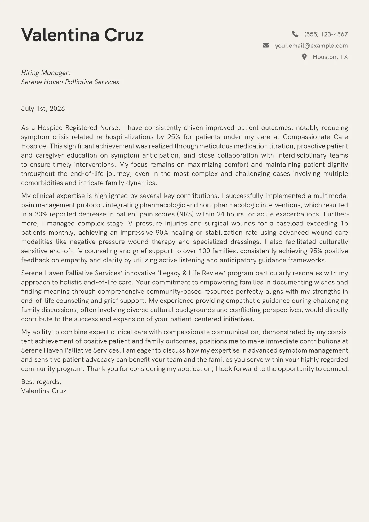 Hospice Nurse cover letter formatted with a JobSprout template