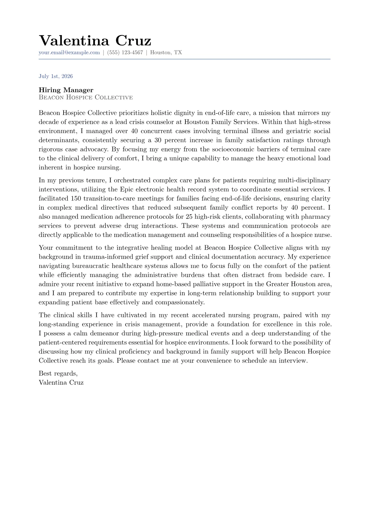 Hospice Nurse cover letter in the Classic design