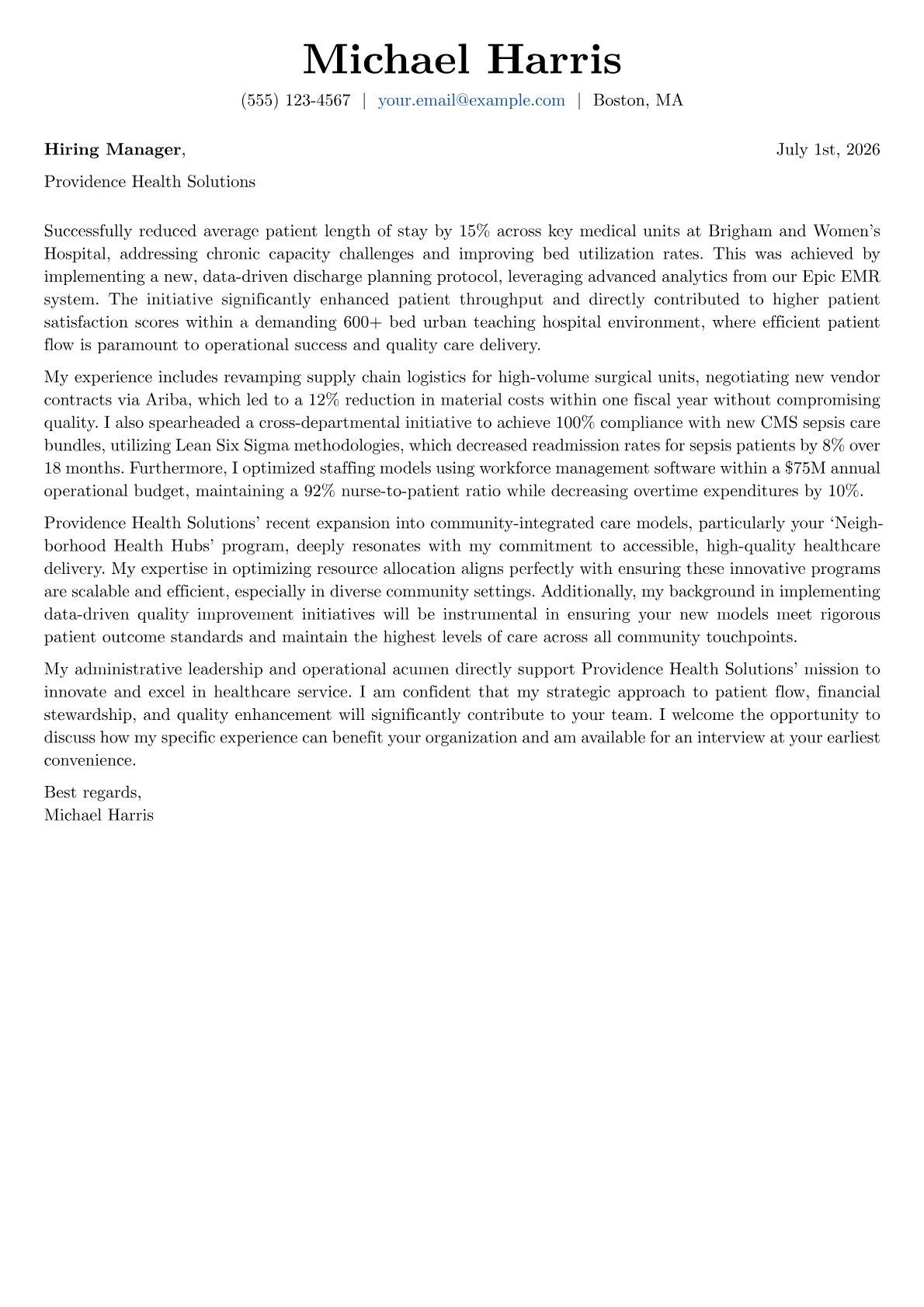 Hospital Administrator cover letter formatted with a JobSprout template