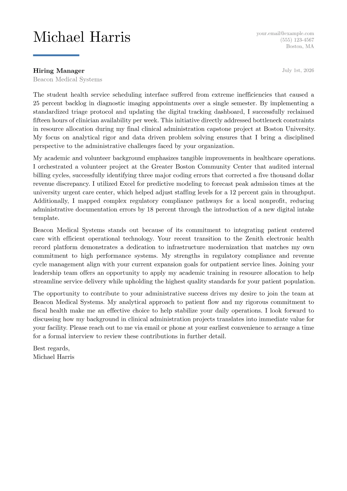 Hospital Administrator cover letter in the Executive design