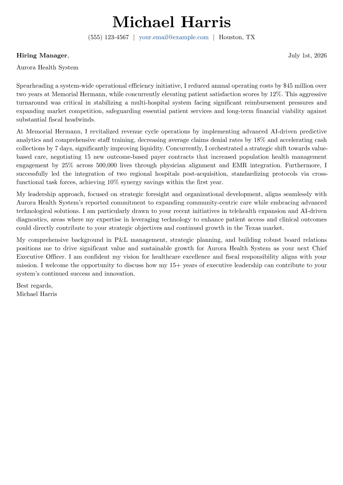 Hospital CEO cover letter formatted with a JobSprout template