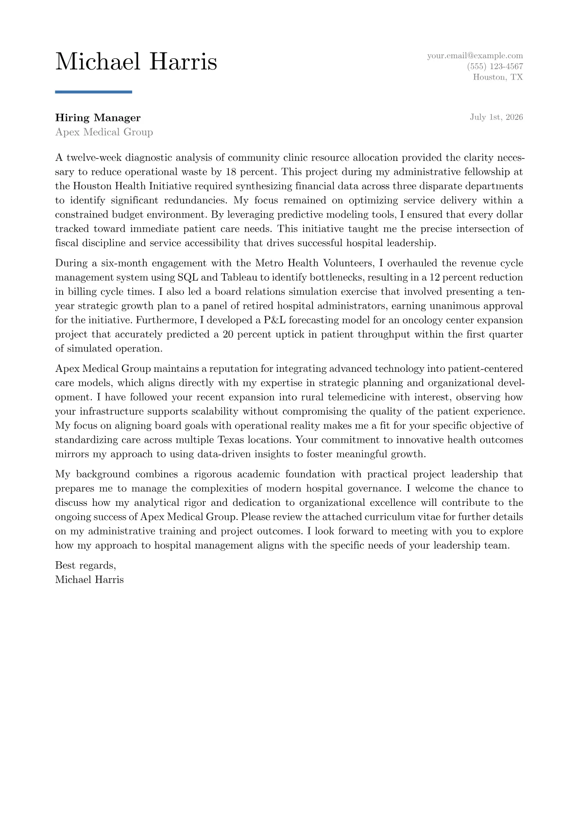 Hospital CEO cover letter in the Executive design