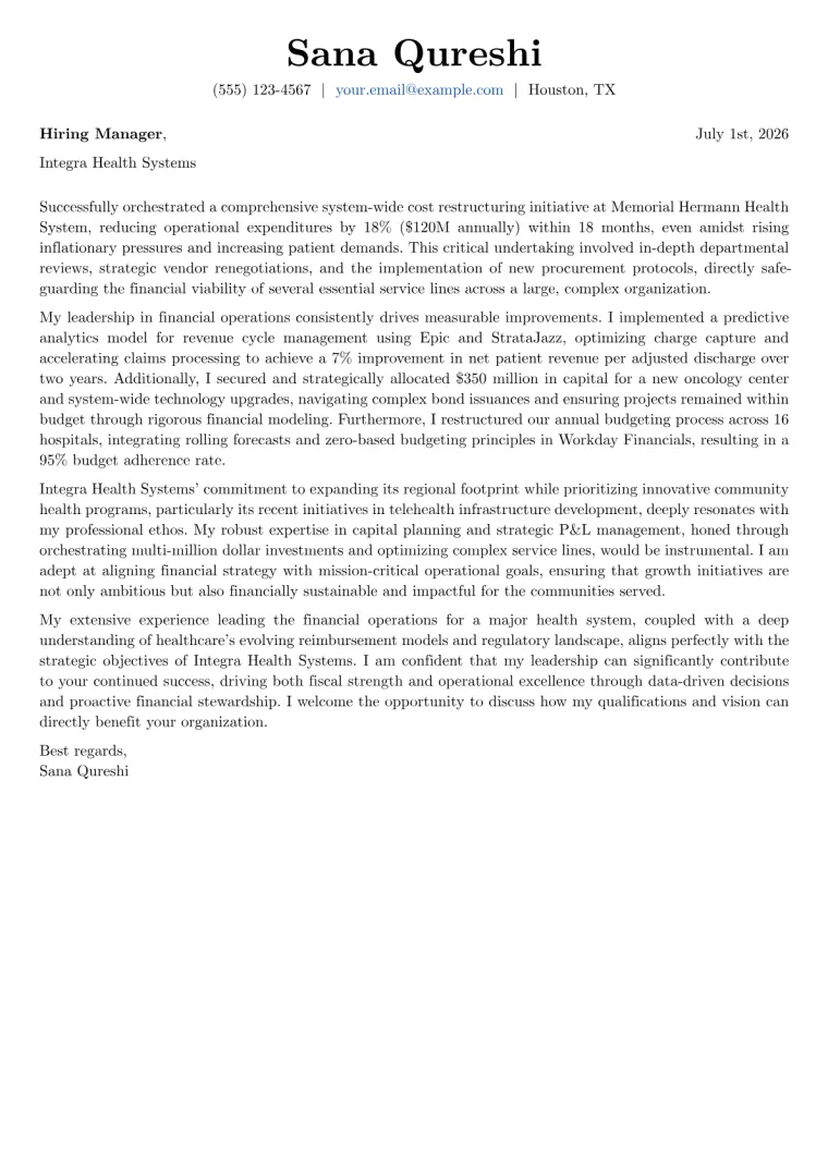 Hospital CFO Cover Letter Example + Template (2026)