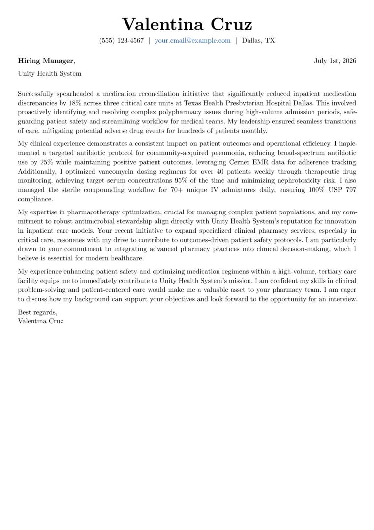 Hospital Pharmacist Cover Letter Example