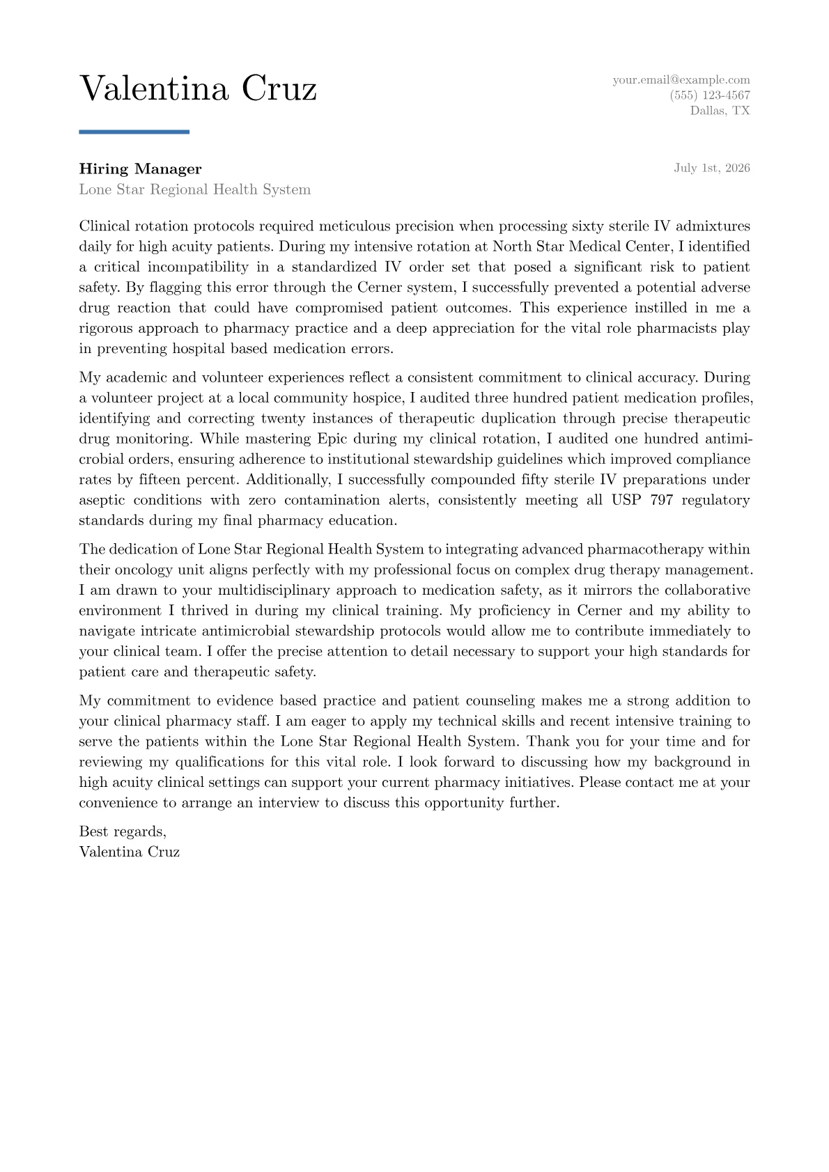 Hospital Pharmacist cover letter in the Executive design
