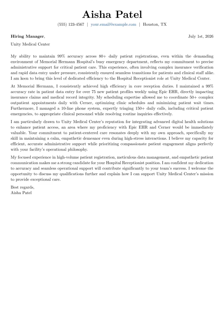 Hospital Receptionist Cover Letter Example