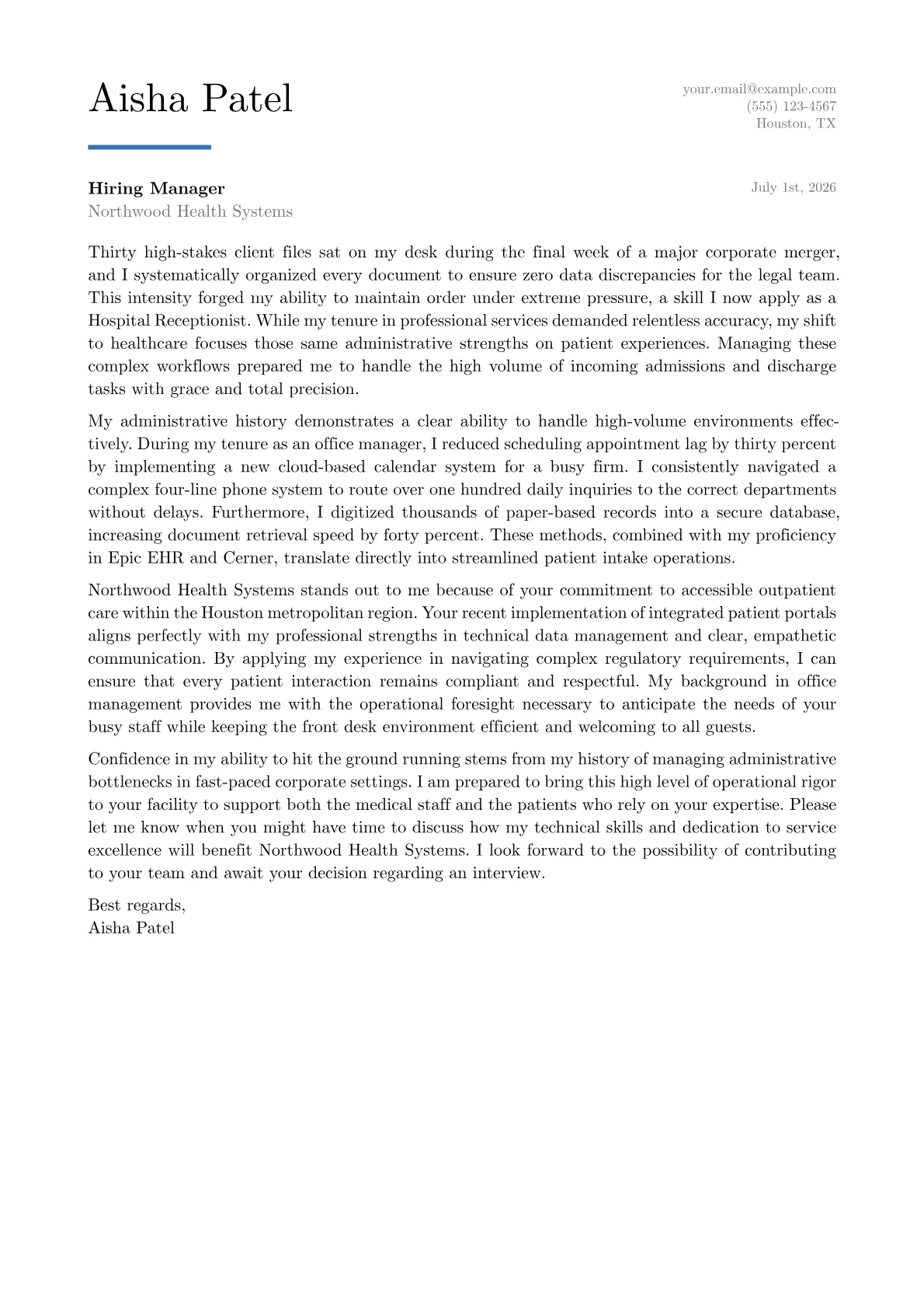 Hospital Receptionist cover letter in the Executive design