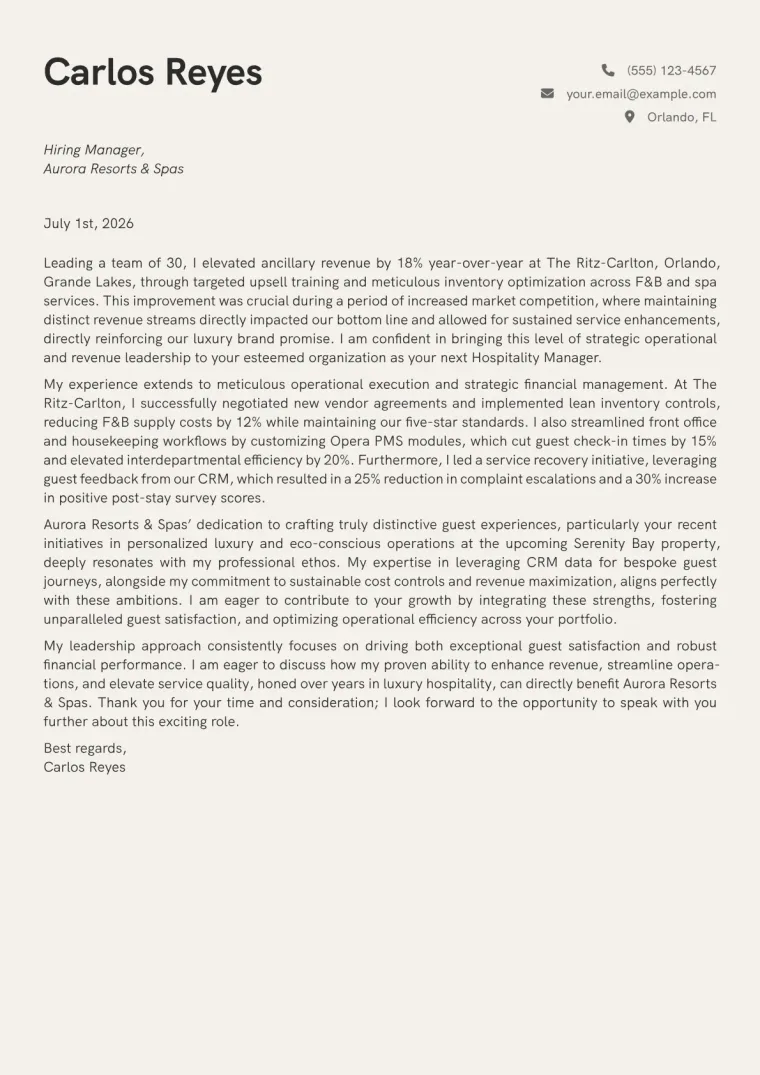 Hospitality Manager cover letter example