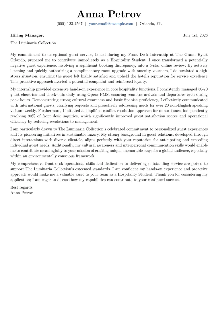 Hospitality Student Cover Letter Example