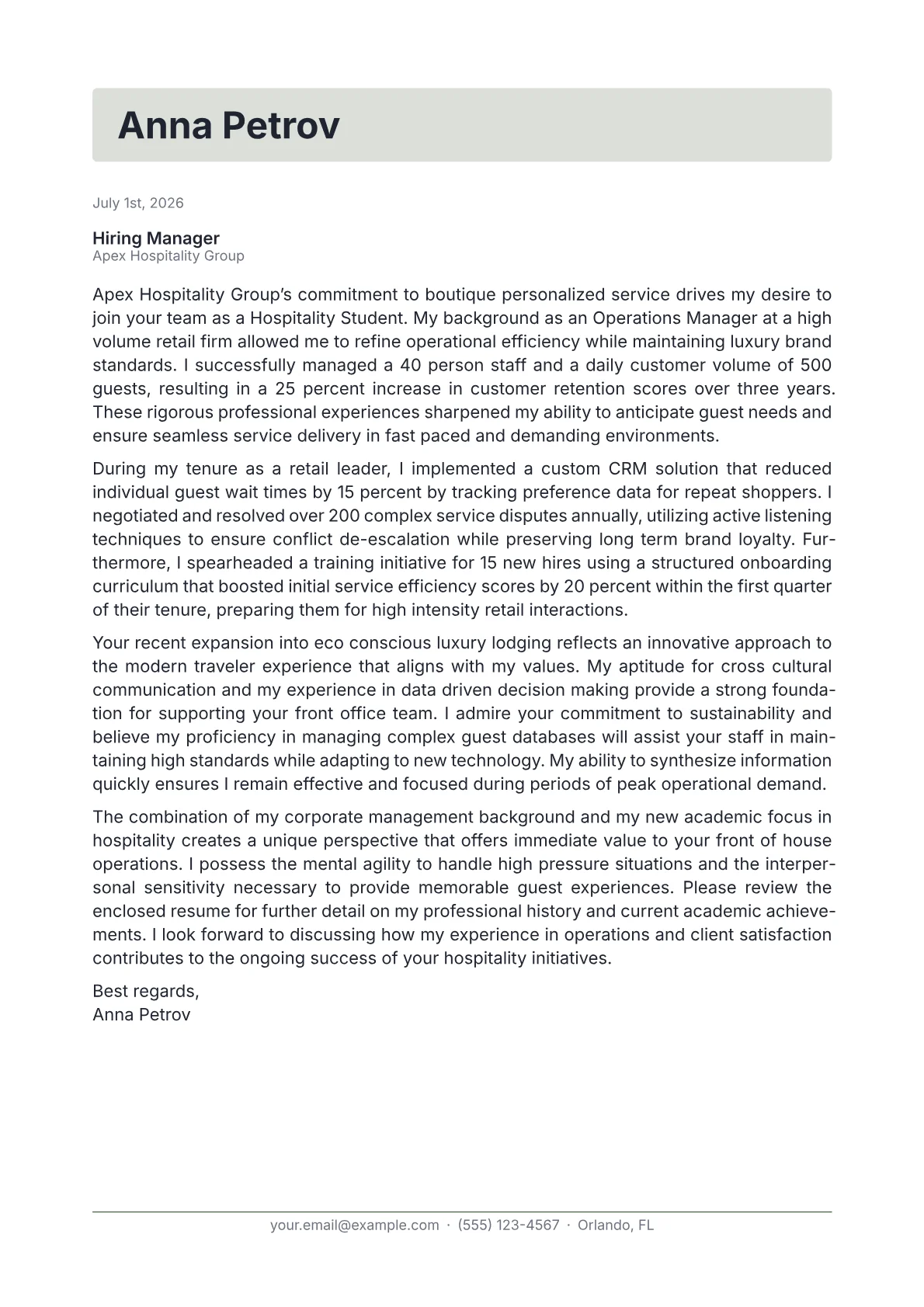 Hospitality Student cover letter in the Letterhead design