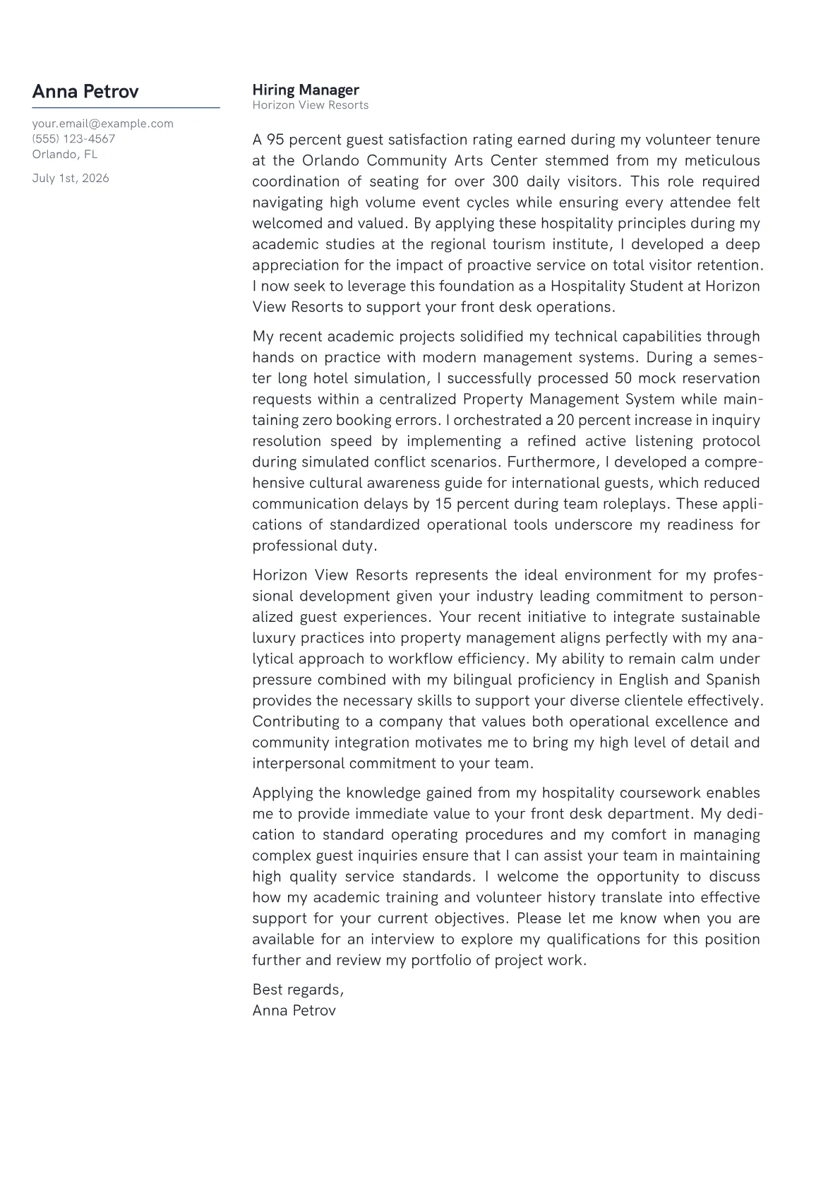Hospitality Student cover letter in the Margin design