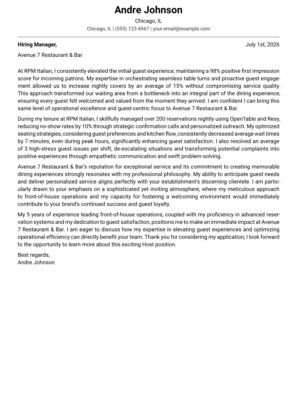 Host cover letter formatted with a JobSprout template