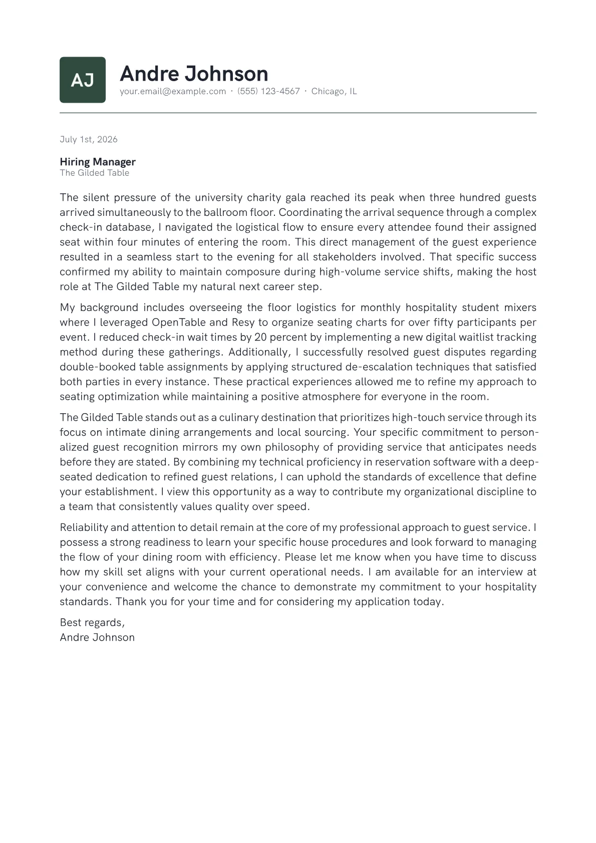 Host cover letter in the Emblem design