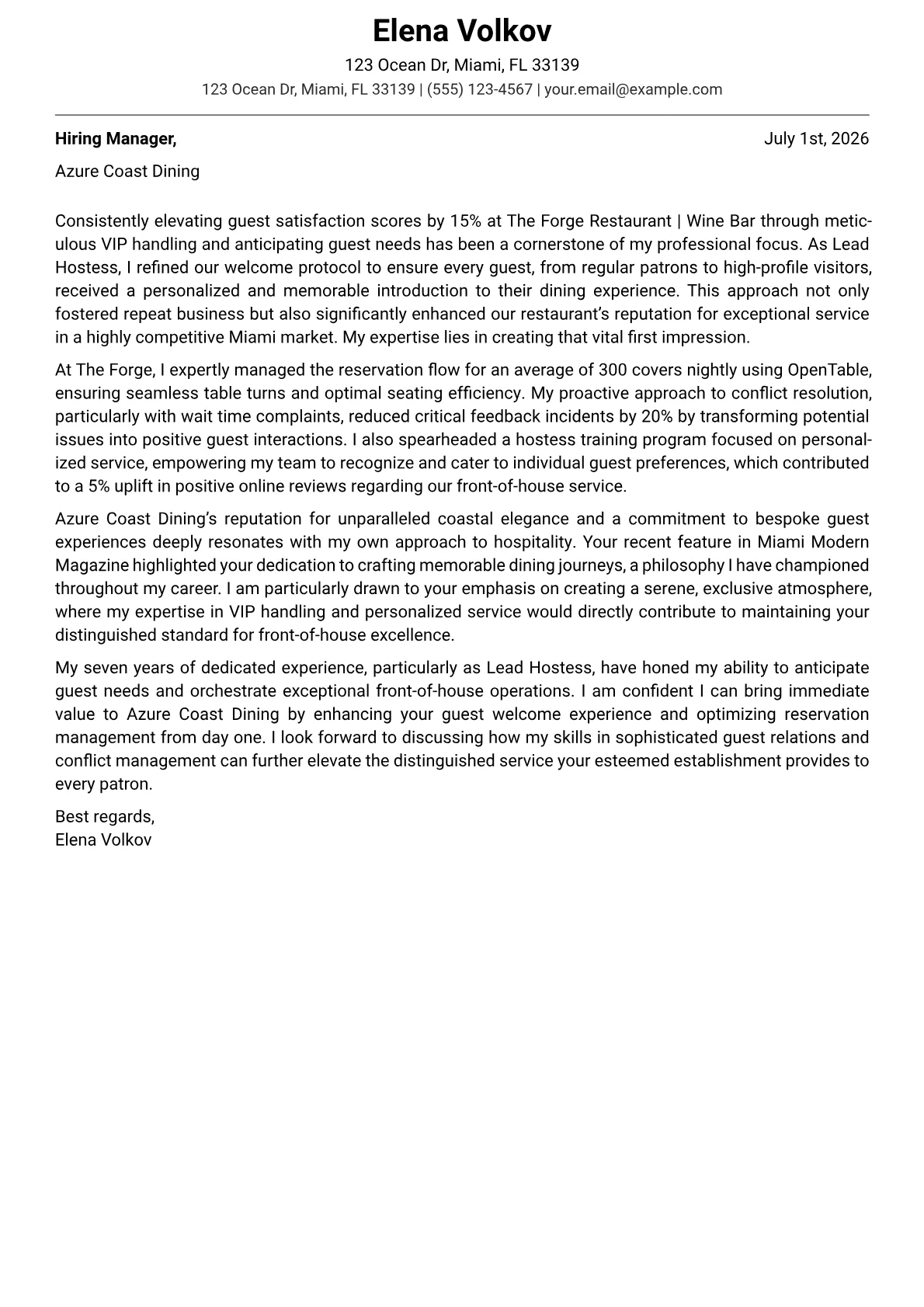 Hostess cover letter formatted with a JobSprout template