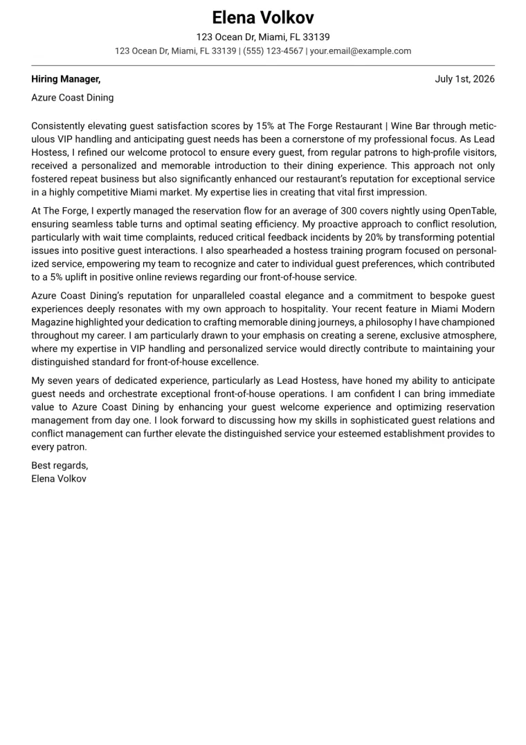 Hostess cover letter example preview
