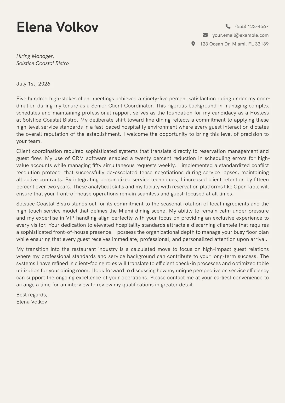 Hostess cover letter in the Creative design