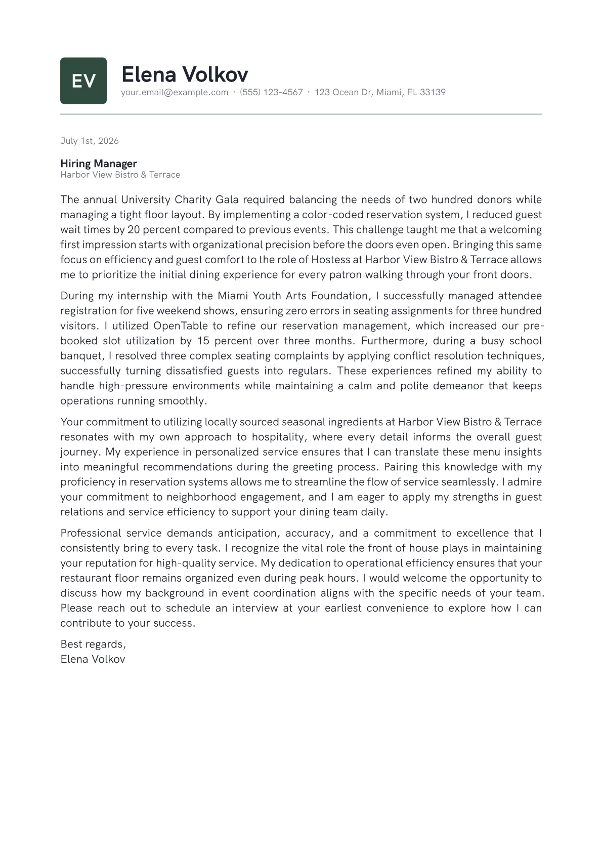 Hostess cover letter in the Emblem design