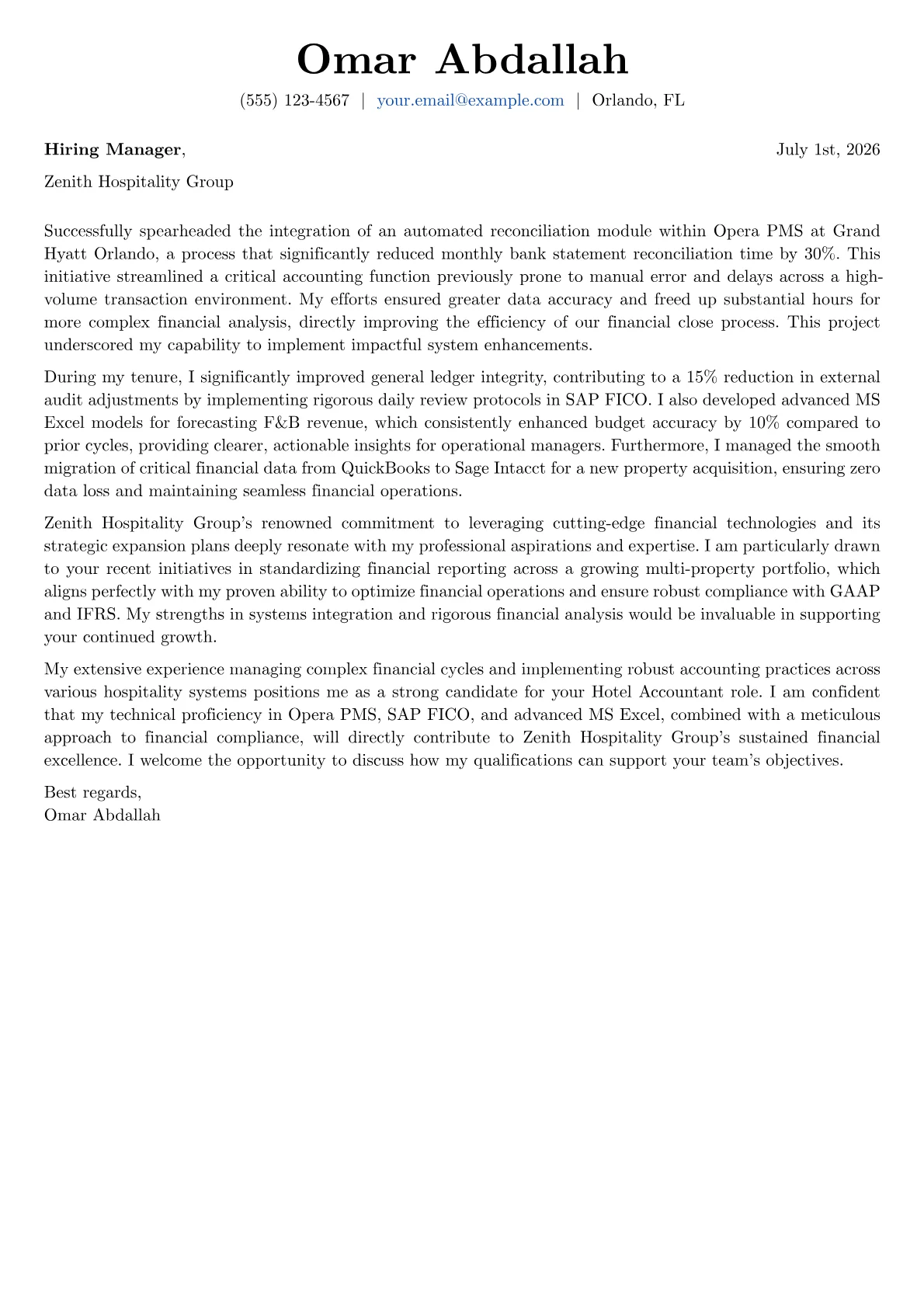 Hotel Accountant cover letter formatted with a JobSprout template