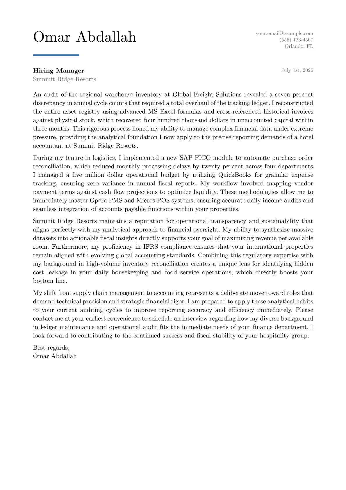 Hotel Accountant cover letter in the Executive design