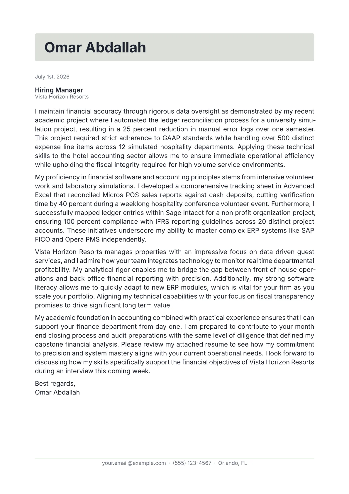 Hotel Accountant cover letter in the Letterhead design