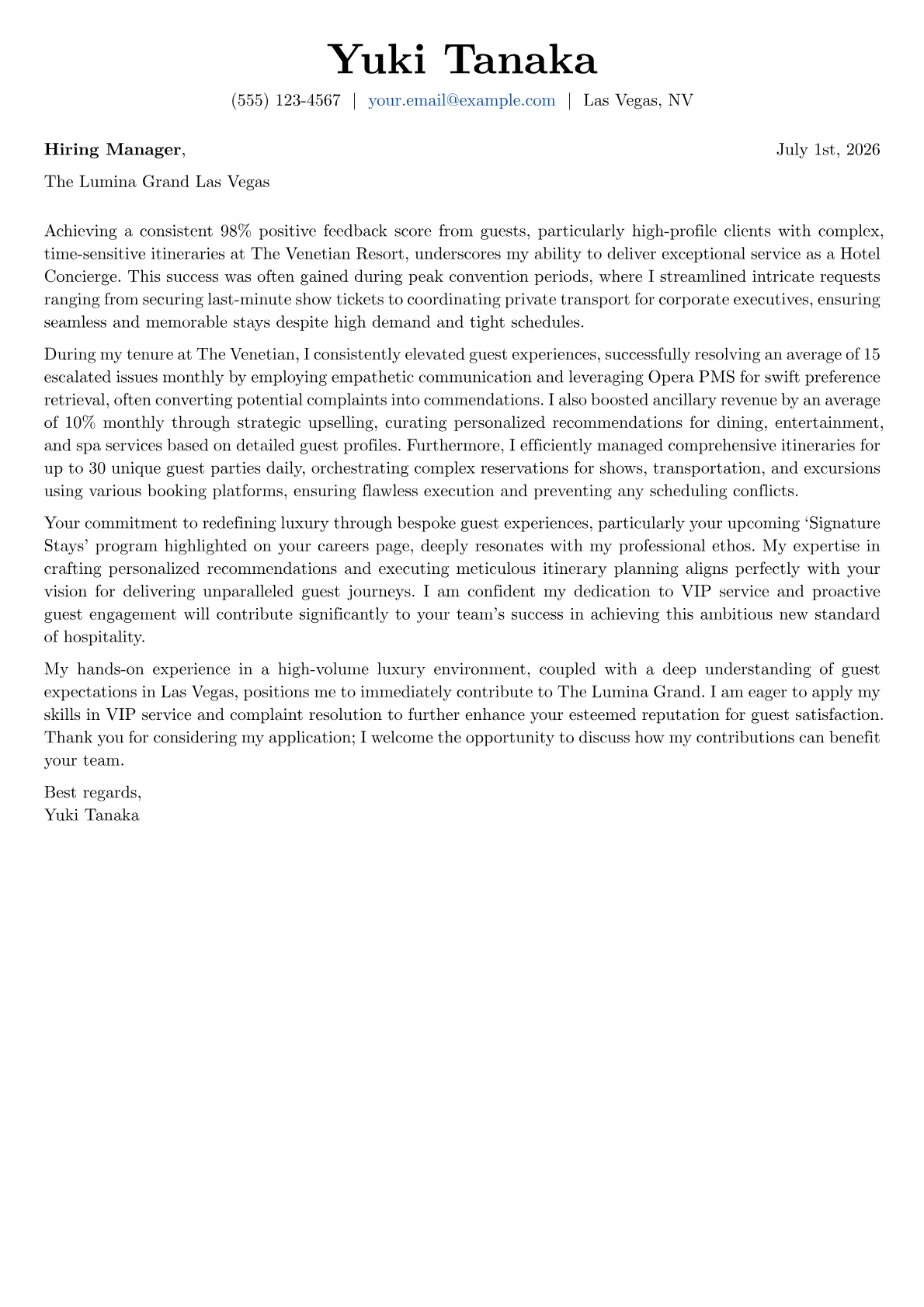 Hotel Concierge cover letter formatted with a JobSprout template