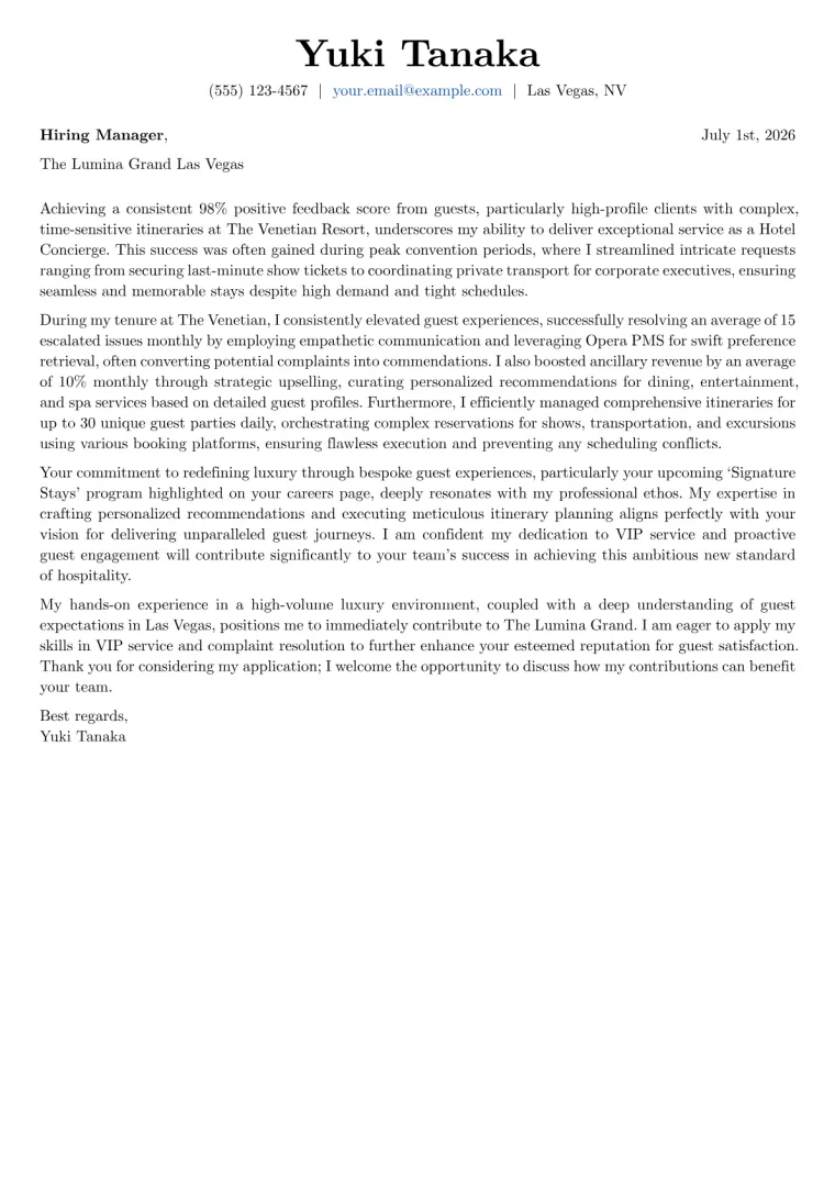 Hotel Concierge cover letter example preview