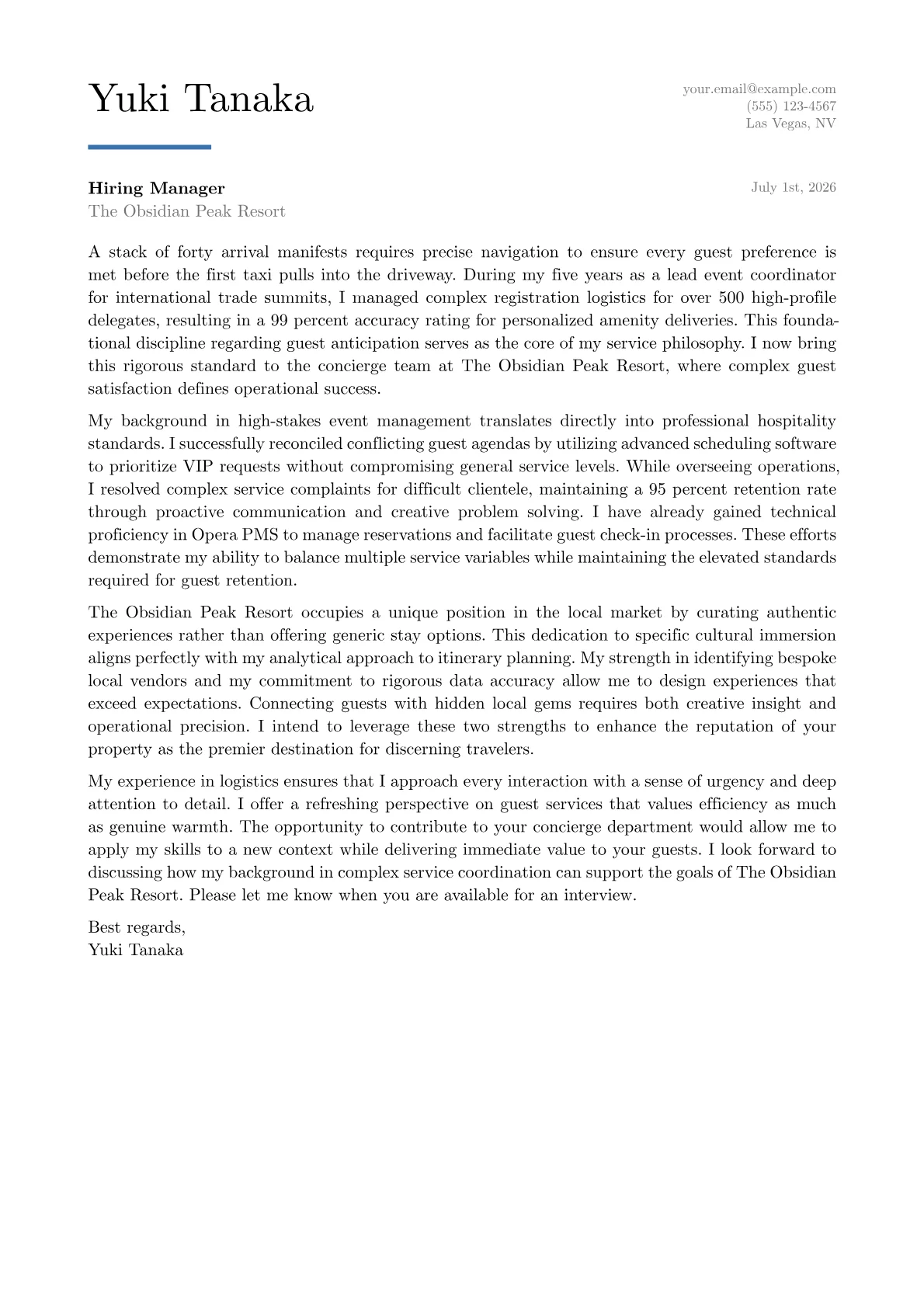 Hotel Concierge cover letter in the Executive design