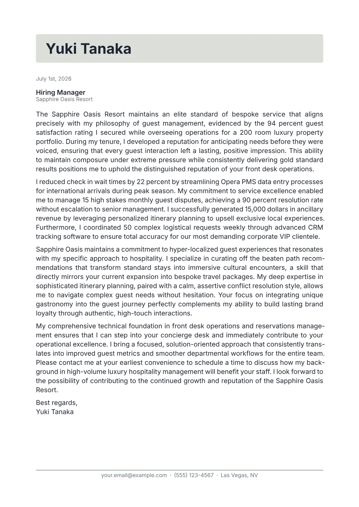 Hotel Concierge cover letter in the Letterhead design