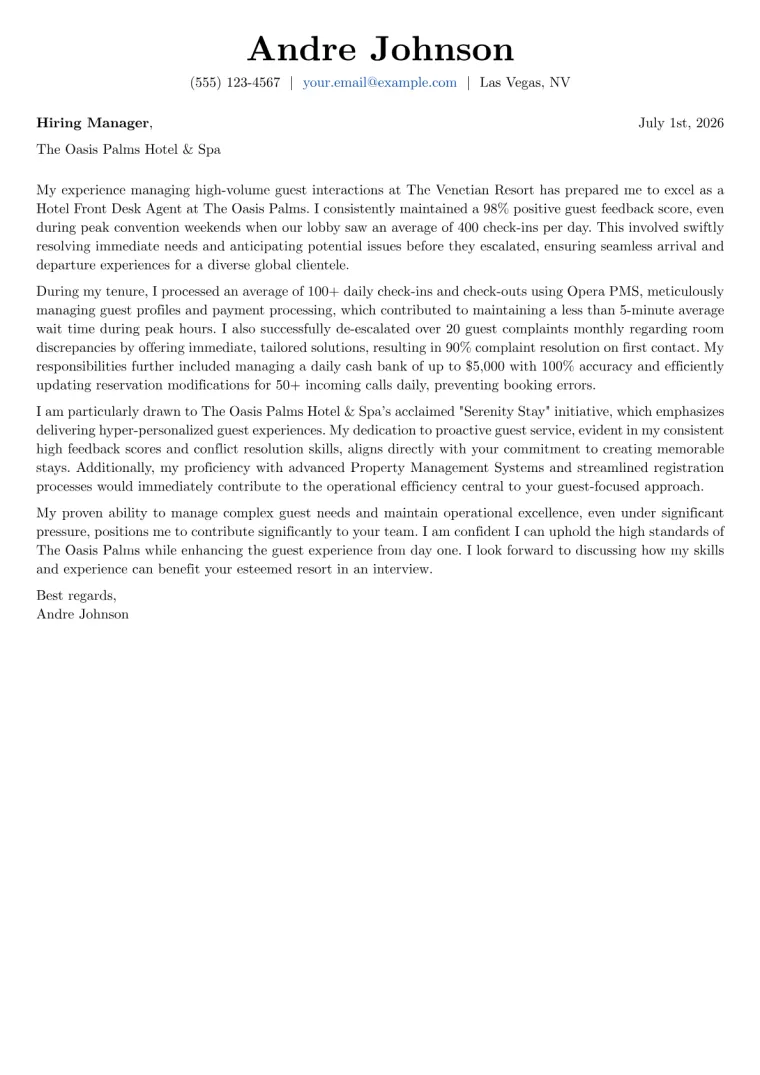 Hotel Front Desk Agent cover letter example preview