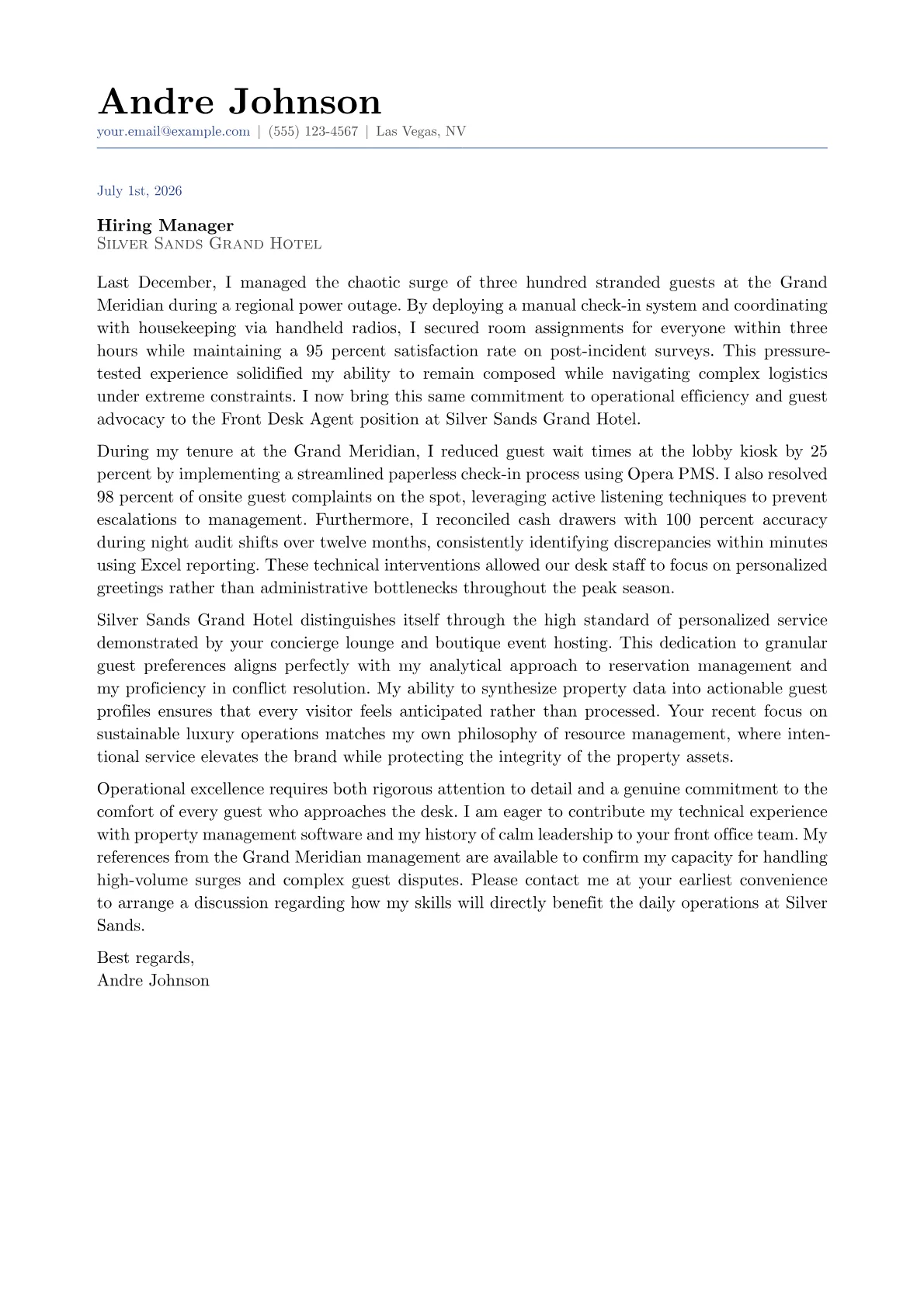 Hotel Front Desk Agent cover letter in the Classic design