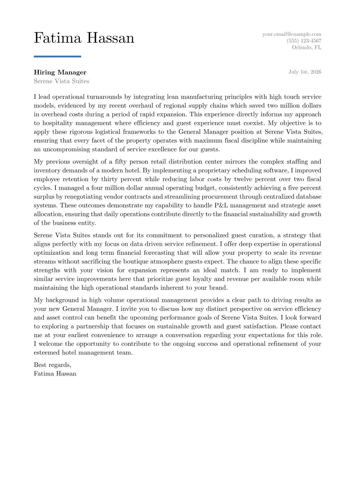 Hotel General Manager cover letter in the Executive design