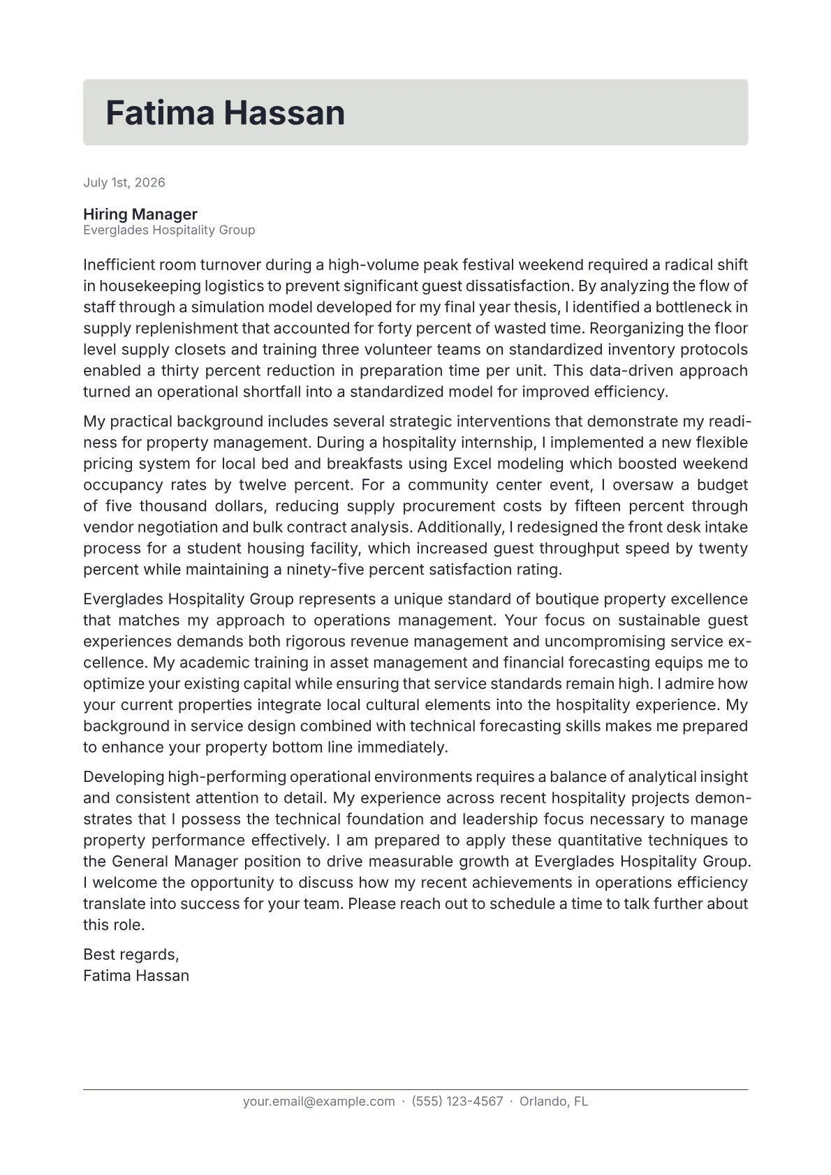 Hotel General Manager cover letter in the Letterhead design
