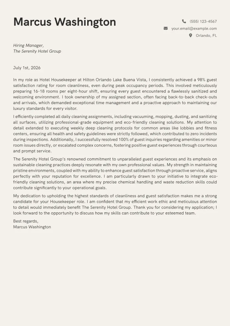 Hotel Housekeeper Cover Letter Example