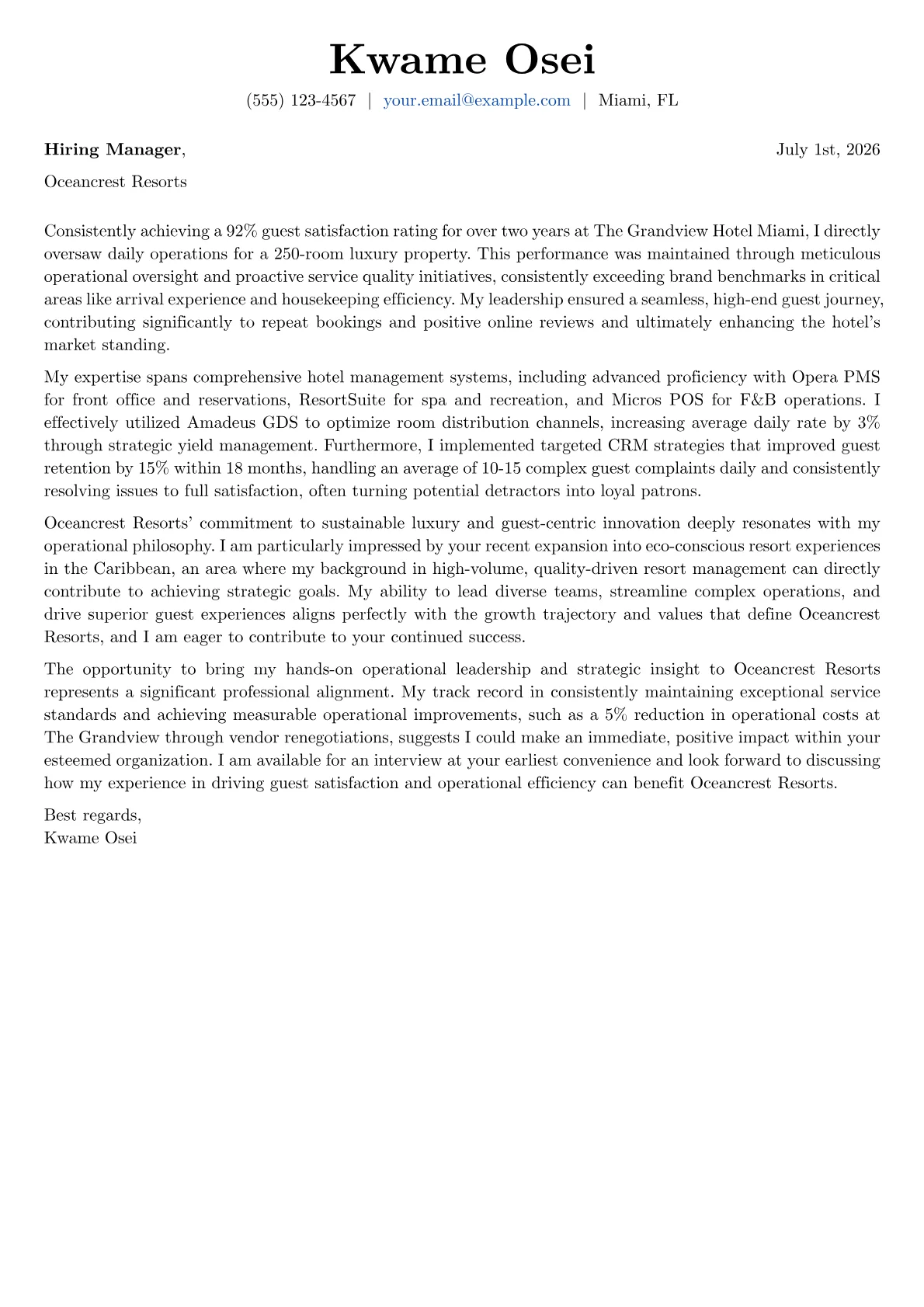 Hotel Management cover letter formatted with a JobSprout template