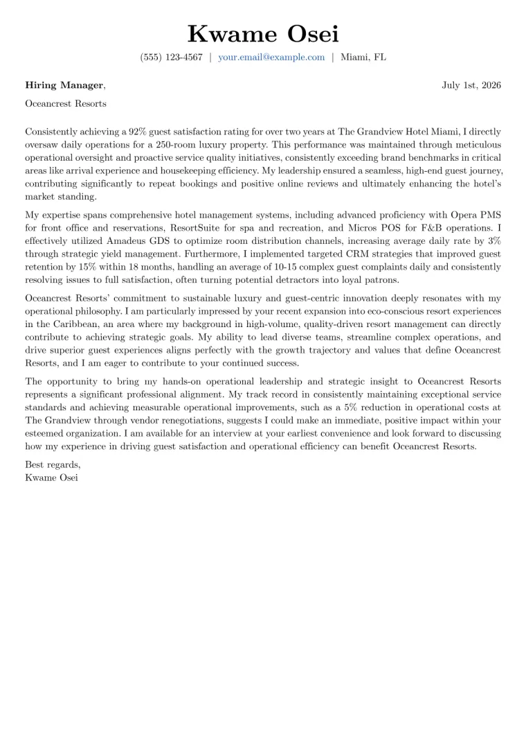 Hotel Management cover letter example preview