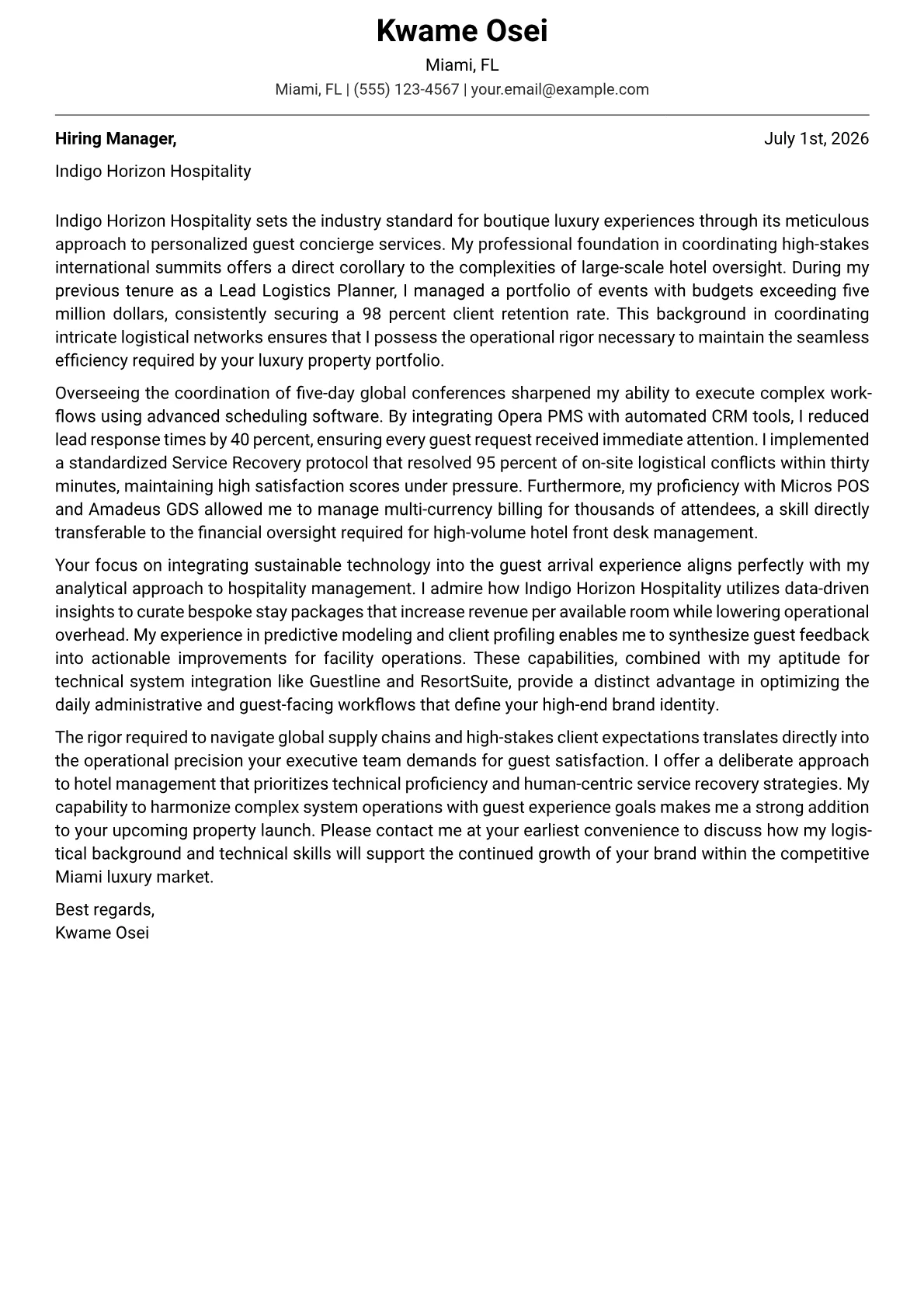 Hotel Management cover letter in the Modern design