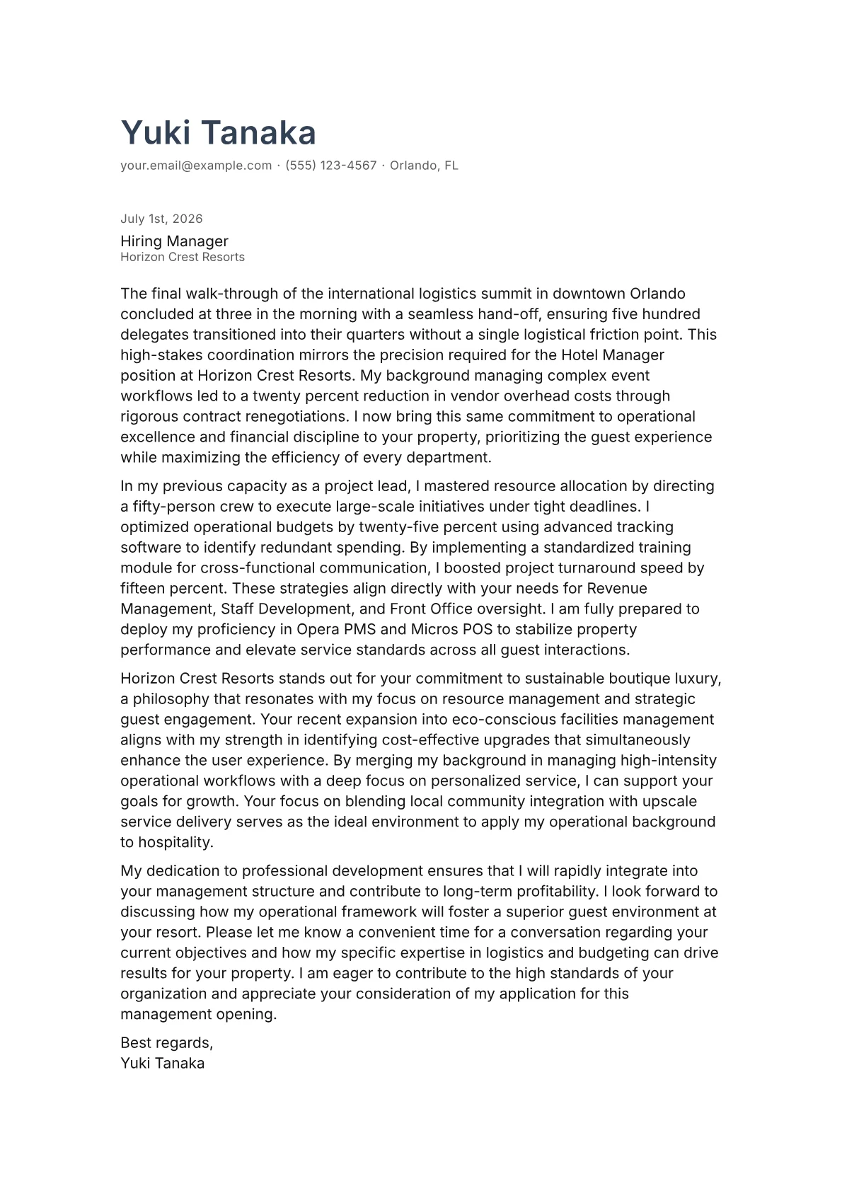 Hotel Manager cover letter in the Minimal design