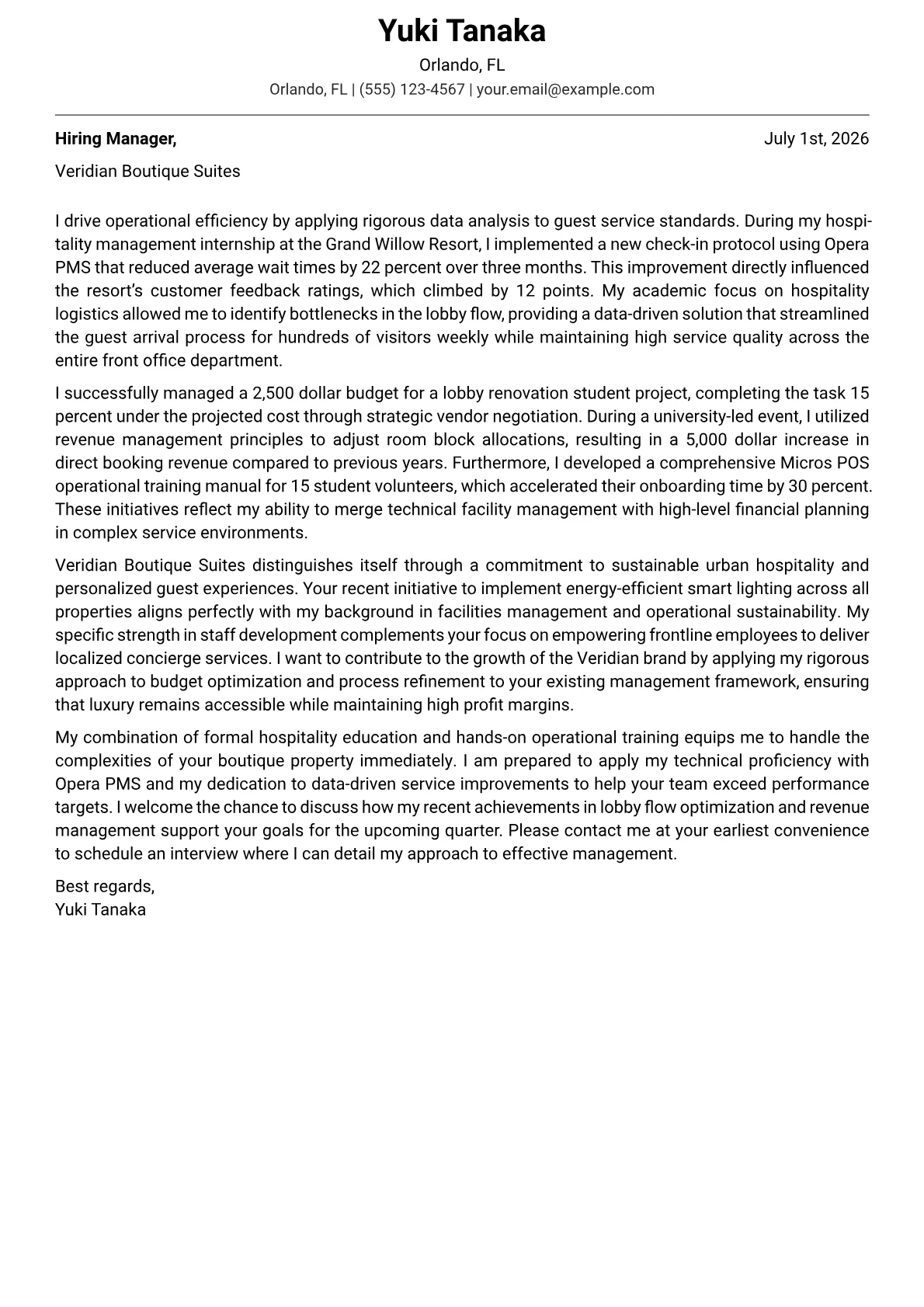 Hotel Manager cover letter in the Modern design