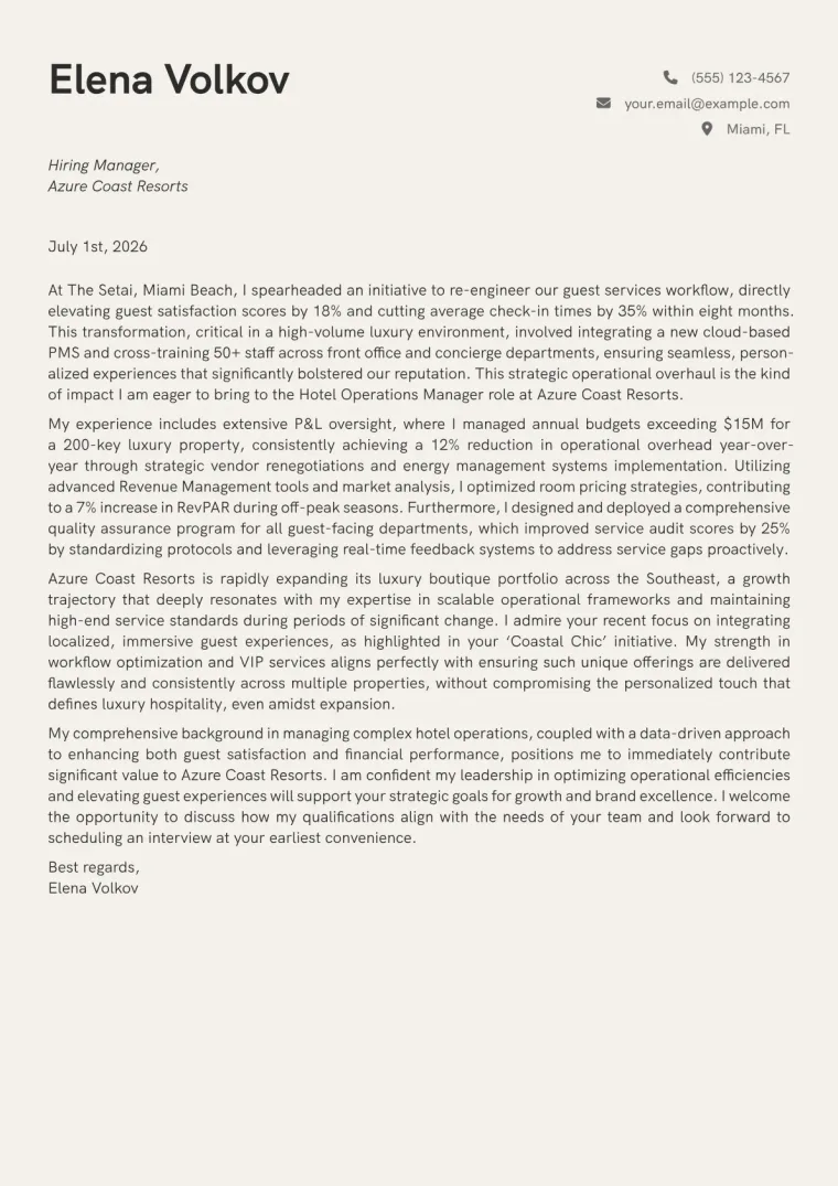 Hotel Operations Manager cover letter example preview