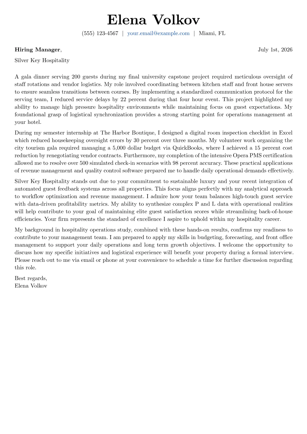 Hotel Operations Manager cover letter in the Basic design